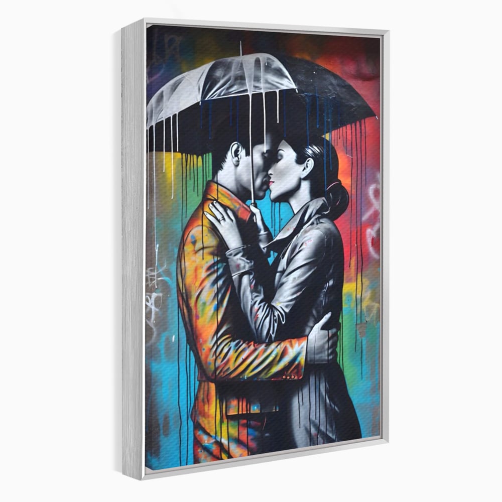Tablou canvas cu tablou cuplu sub umbrela, in rama de aluminiu argintiu